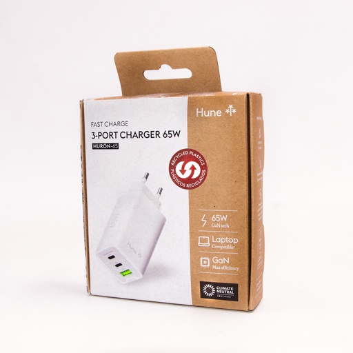 [7798397481214] Hune Huron - T65 Caricatore Muro GaN 65W (anche Macbook) Output: 2x Type-C, 1x USB A