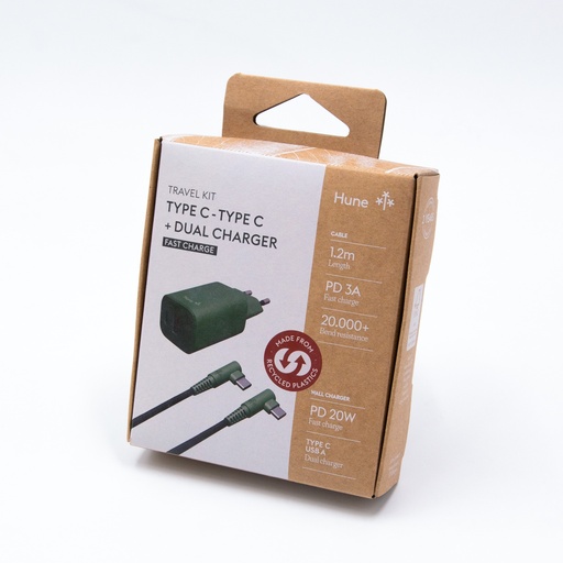 [7798397480453] Caricatore da muro Hune Dual Type C & USB - Cavi in tessuto - 20 W & Cavo 90° Type-C - Type-C 1.2 mt