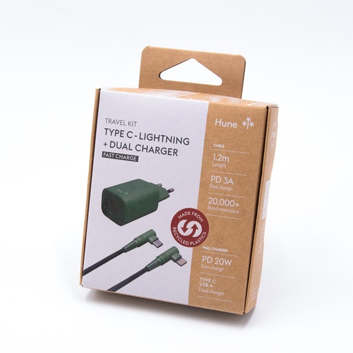 [7798397480460] Caricatore da muro Hune Dual Type C & USB - Cavi in tessuto - 20 W & Cavo 90° Type-C - Lightning 1.2 mt